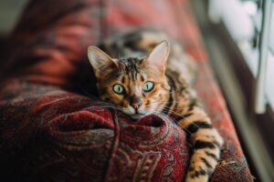 Tabby cat with green eyes lying on the couch